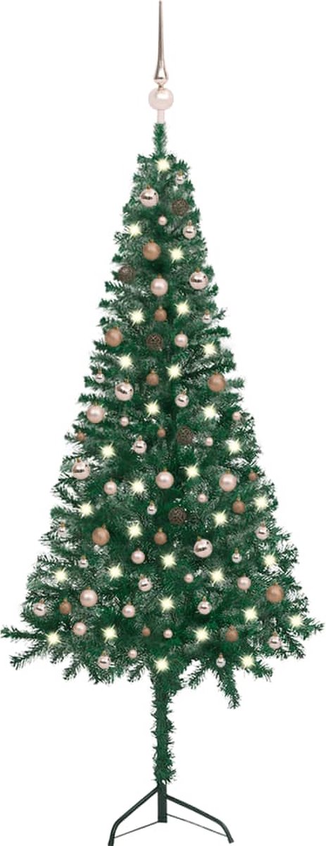 Prolenta Premium - Kunstkerstboom met LED's en kerstballen hoek 240 cm PVC groen