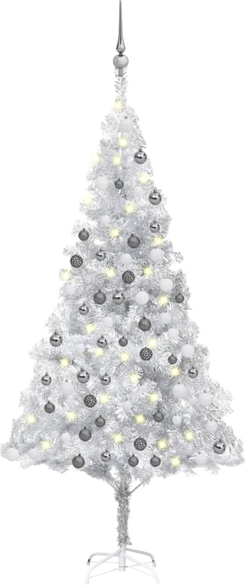 Prolenta Premium - Kunstkerstboom met LED's en kerstballen 180 cm PET zilverkleur