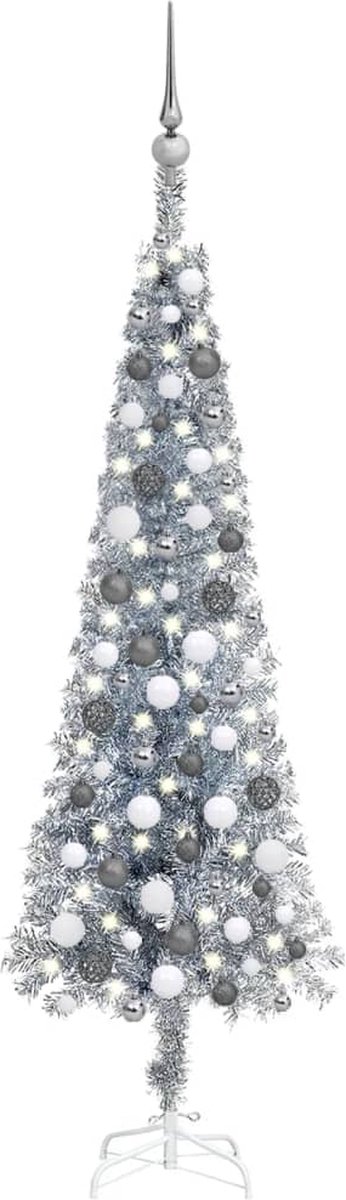 Prolenta Premium - Kerstboom met LED's en kerstballen smal 150 cm zilverkleurig