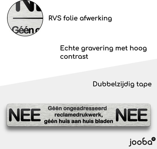 Luxe Nee Nee sticker brievenbus - Rvs kleur - Luxe - 17.5 x 2.7 cm - Aluminium - Brievenbus sticker - Geen reclame sticker - Jooba