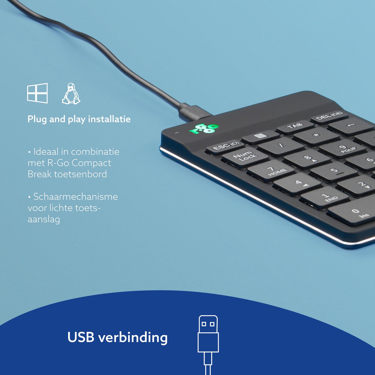 R-Go Numpad - Ergonomisch numeriek toetsenbord - Break software - USB - Zwart thumbnail 2