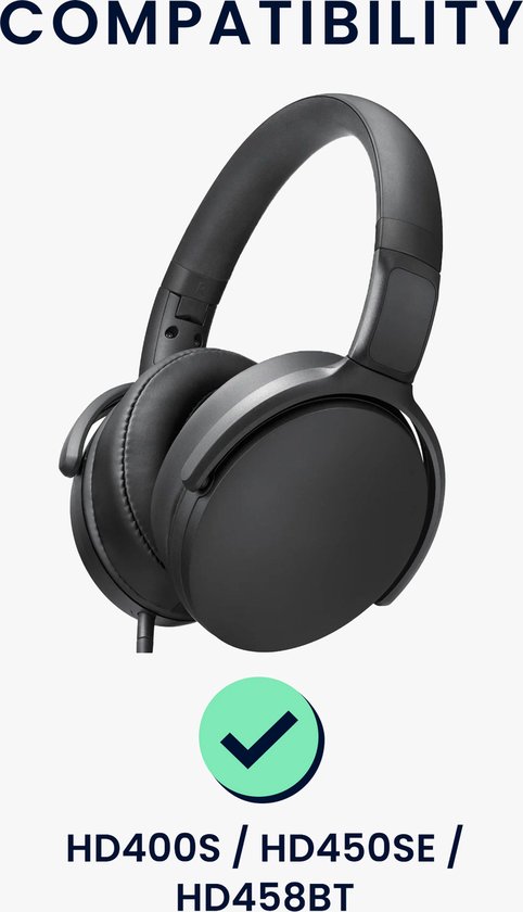 Zwarte koptelefoon van Sennheiser met een groen vinkje eronder.