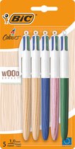 BIC 4 Couleurs Wood Style - Stylos à Bille Rétractable - avec Corps Effet Wood - 5 Stylos - Pointe Medium 1 mm