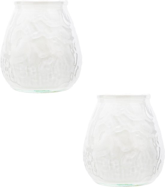 2x Witte mini lowboy tafelkaarsen 7 cm 17 branduren - Kaars in glazen houder - Horeca/tafel/bistro kaarsen - Tafeldecoratie - Tuinkaarsen