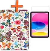 Hoes Geschikt voor iPad 2022 Hoes Tri-fold Tablet Hoesje Case Met Screenprotector - Hoesje Geschikt voor iPad 10 Hoesje Hardcover Bookcase - Vlinders