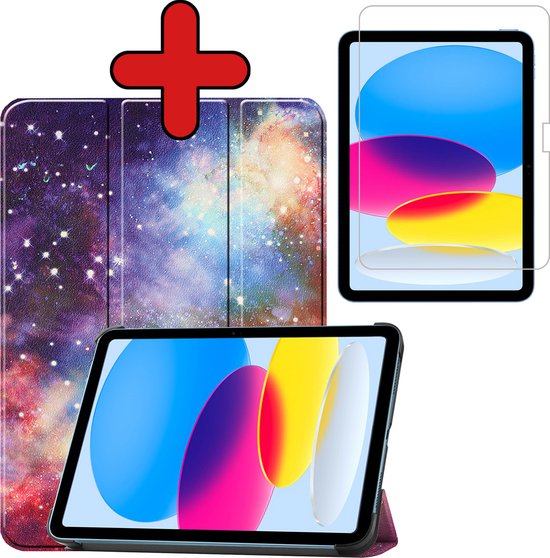 Hoes Geschikt voor iPad 2022 Hoes Book Case Hoesje Trifold Cover Met Screenprotector - Hoesje Geschikt voor iPad 10 Hoesje Bookcase - Galaxy