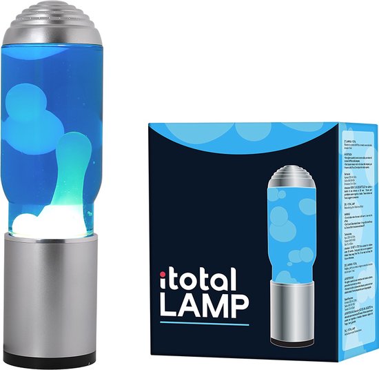 i-Total Lavalamp - Lava Lamp - Sfeerlamp met Aroma Diffuser - 35x10 cm - Glas/Aluminium - 40W - Blauw met witte Lava - Zilvergrijs - XL2196