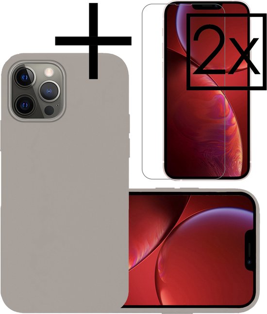 Hoes Geschikt voor iPhone 14 Pro Hoesje Cover Siliconen Back Case Hoes Met 2x Screenprotector - Grijs