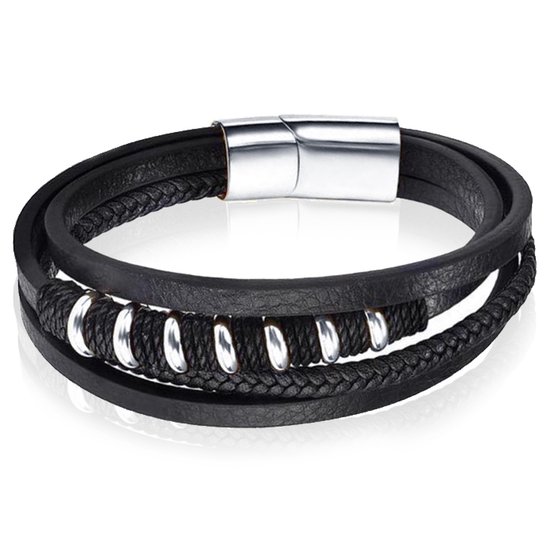 Foto: Leren armband mendes rvs kralen touw zwart zilverkleurig 22cm