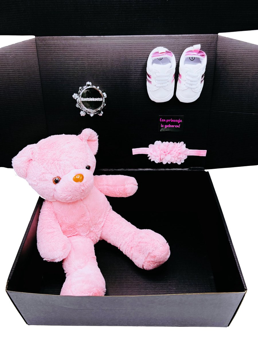 Goedkoopste Kraamcadeau meisje met roze teddybeer - 40 cm en baby schoentjes, babysneakers - kan ook rechtstreeks als cadeau worden verstuurd