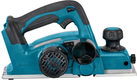 Turquoise en zwarte Makita schaafmachine met een verstelknop.