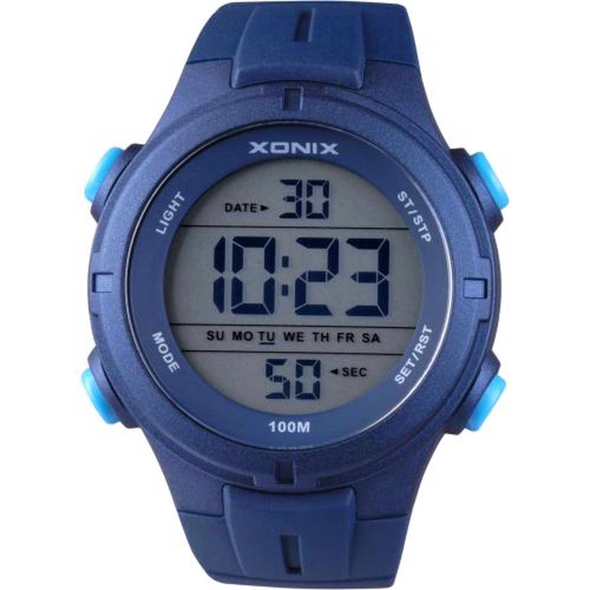 Xonix DAX-004 - Horloge - Digitaal - Heren - Mannen - Rond - Siliconen band - ABS - Cijfers - Achtergrondverlichting - Alarm - Start-Stop - Chronograaf - Tweede tijdzone - Waterdicht - 10ATM - Donkerblauw - Lichtblauw