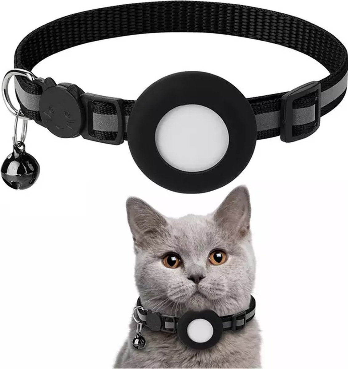 Airtag Katten/honden halsband Zwart - Houder- Met belletje - Reflecterend - Professor Q