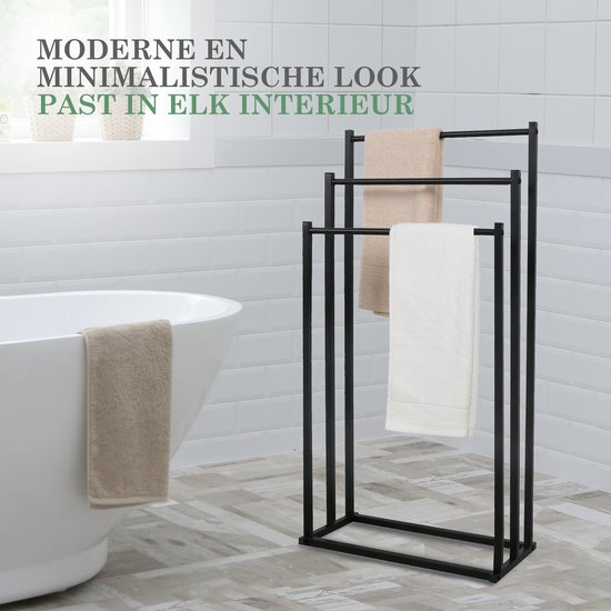MiRi Handdoekrek – Handdoekhouder – Staand – Metaal – 3 rails – Vrijstaand – Zwart – Zonder Boren – Badkamer / Keuken