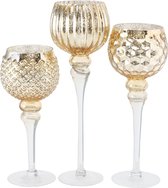 Luxe glazen design kaarsenhouders/windlichten set van 3x stuks goud transparant met formaat tussen de 30 en 40 cm
