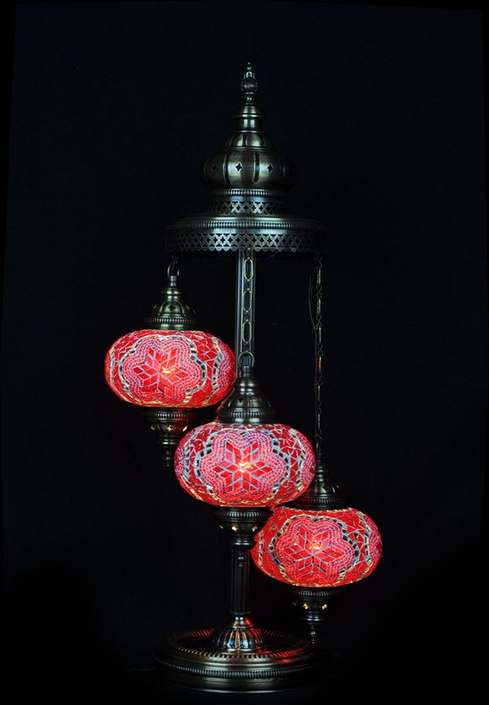 Turkse Lamp - Vloerlamp - Mozaïek Lamp - Marokkaanse Lamp - Oosters Lamp - ZENIQUE - Authentiek - Handgemaakt - Rood - 3 bollen
