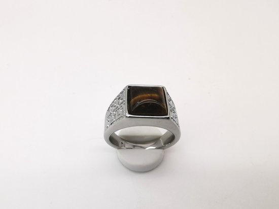 RVS Edelsteen Tijgeroog zilverkleurig Griekse design Ring. Maat 22. Vierkant ringen met beschermsteen. geweldige ring zelf te dragen of iemand cadeau te geven.
