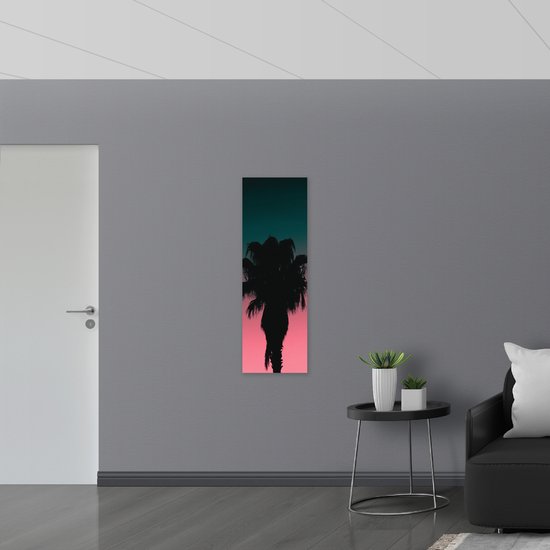 WallClassics - Bois - Silhouette de Palmier au Ciel Blauw/Rose - 40x120 cm - 12 mm d'épaisseur - Photo sur Bois (Avec Système d'accrochage)