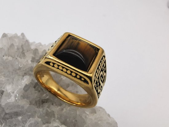 RVS Edelsteen Tijgeroog goudkleurig Ring. Maat 20. Vierkant ringen met zwarte/goud patronen aan de zijkant. Beschermsteen. geweldige ring zelf te dragen of iemand cadeau te geven.