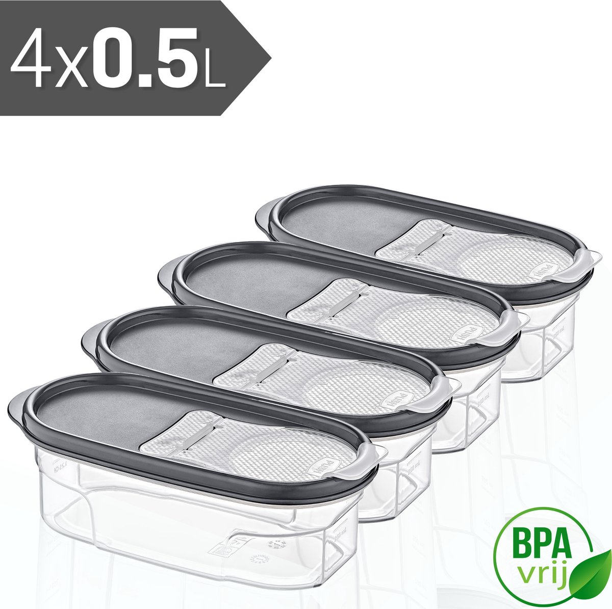 Voorraadpotten Set van 4 - 4x0.5L met grijze deksel Voorraadbussen - Vershouddoos - 4 Stuks - BPA vrij - Kunststof