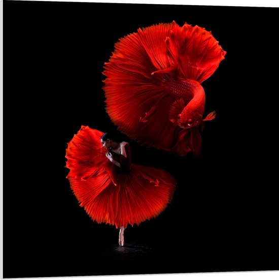 WallClassics - PVC Schuimplaat - Danser met Rode Jurk en Vis - 80x80 cm Foto op PVC Schuimplaat (Met Ophangsysteem)