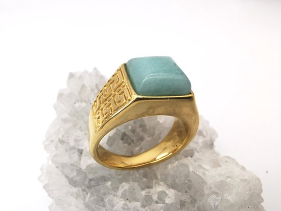 RVS Edelsteen groene Calciet goudkleurig Griekse design Ring. Maat 19. Vierkant ringen met beschermsteen. geweldige ring zelf te dragen of iemand cadeau te geven.