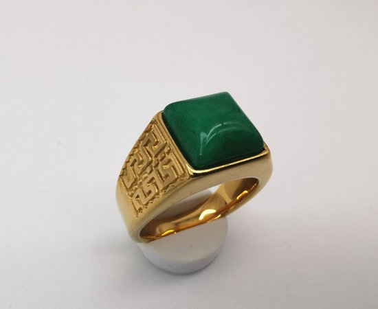 RVS Edelsteen groene Jade goudkleurig Griekse design Ring. Maat 19. Vierkant ringen met beschermsteen. geweldige ring zelf te dragen of iemand cadeau te geven.