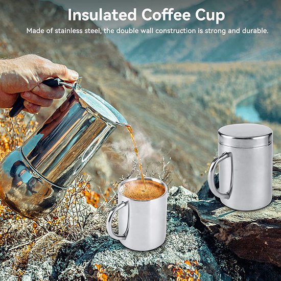 Tasses à café en acier inoxydable, tasse à café à double paroi avec  couvercle et