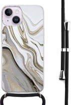 Hoesje met koord - Geschikt voor iPhone 14 - Marmer wit goud - Verstelbaar zwart koord - Transparant, Goud, Wit - Marmer - Leuke Telefoonhoesjes