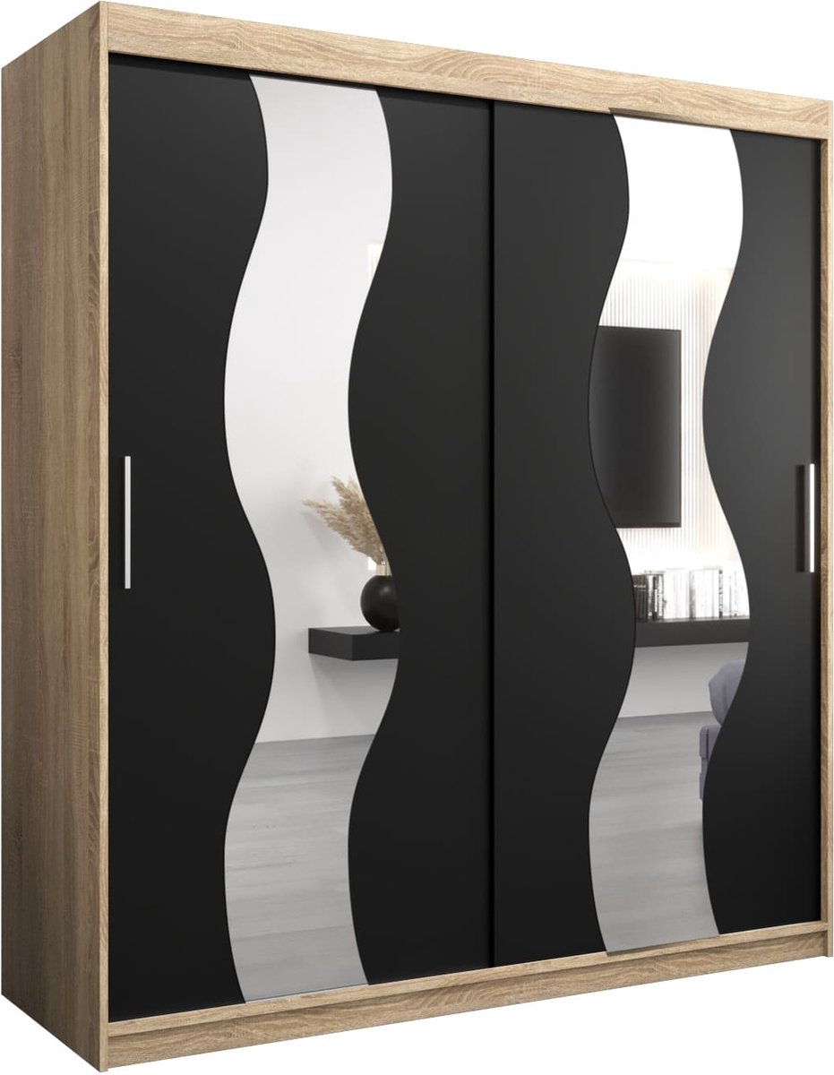 InspireMe - Kledingkast met 2 schuifdeuren, Modern-stijl, Een kledingkast met planken en een spiegel (BxHxD): 180x200x62 - REESE 180 Sonoma Eik + Zwart Mat