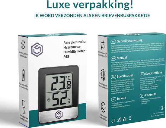 Ease Electronicz Hygrometer - Luchtvochtigheidsmeter - Digitaal Weerstation - Vochtigheidsmeter - Thermometer voor Binnen - Inclusief batterij