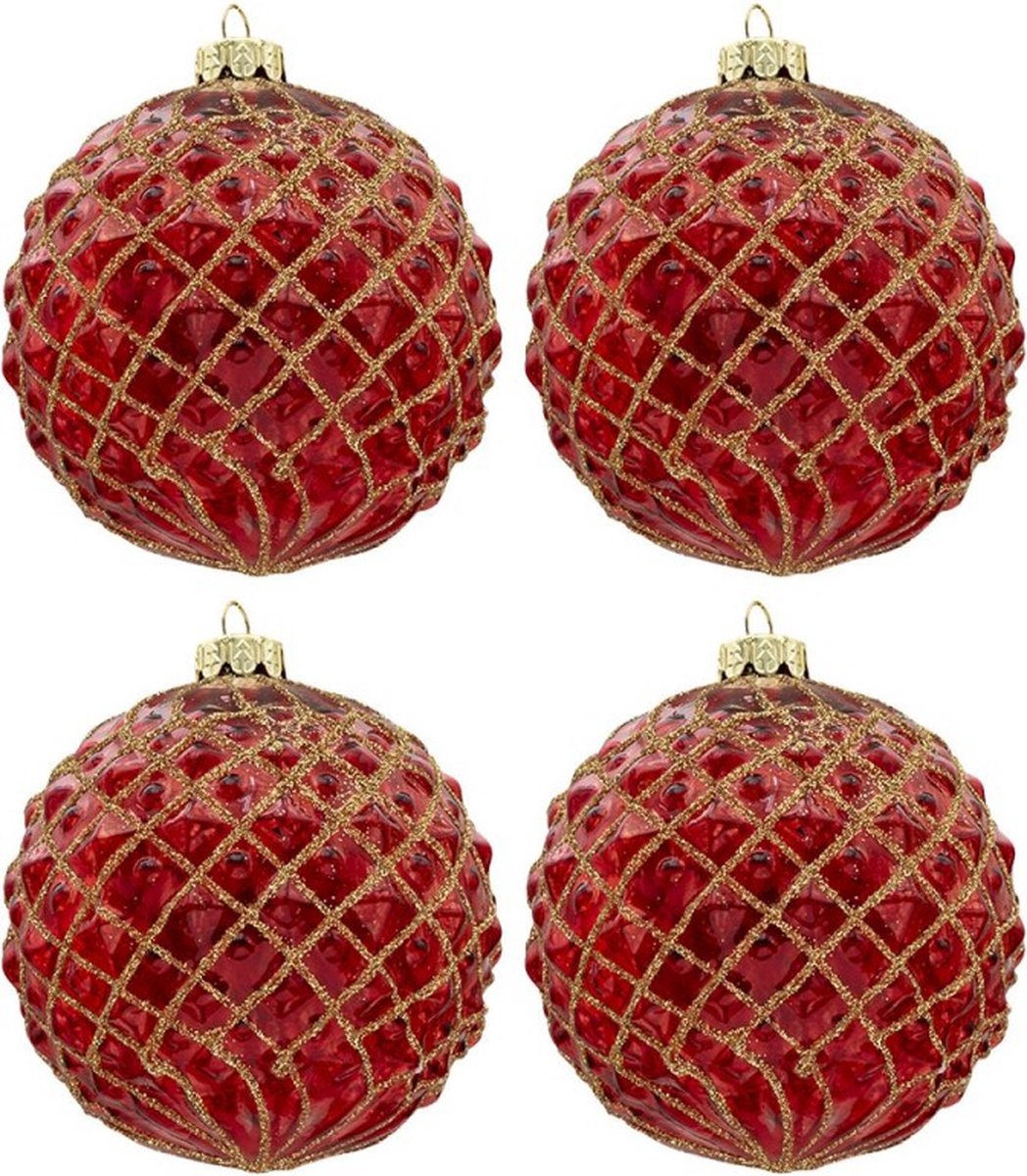 2 x set van 4 kerstballen Ø 10 cm Rood Glas Rond Kerstboomversiering Kerstversiering Kerstdecoratie