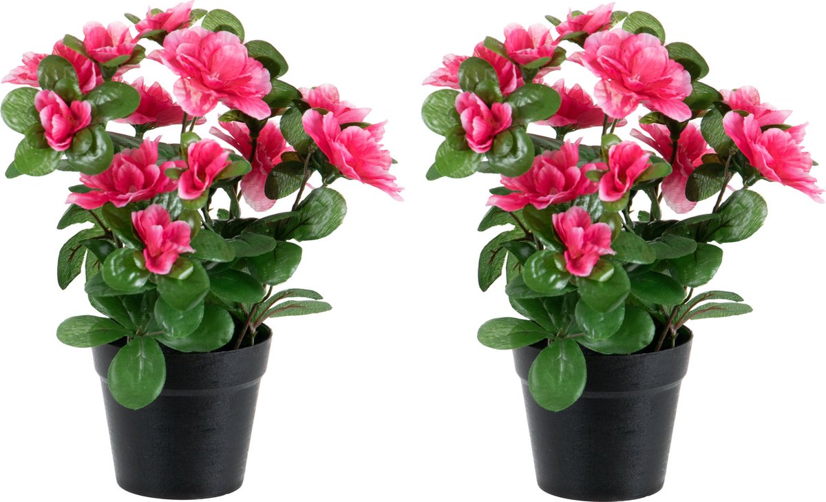 Louis Maes Azalea Kunstplant - 2x - donker roze - in binnenpot - H25 cm - kunstbloemen