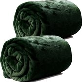 Plaids/ couvertures - polaire - 2 pièces - vert foncé - polyester - 130 x 180 cm
