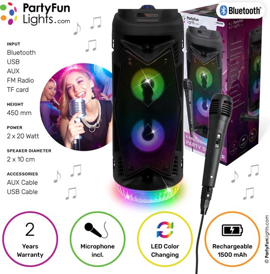 Enceinte de fête karaoké Bluetooth avec microphone, effets lumineux et  poignée de transport - PartyFunLights