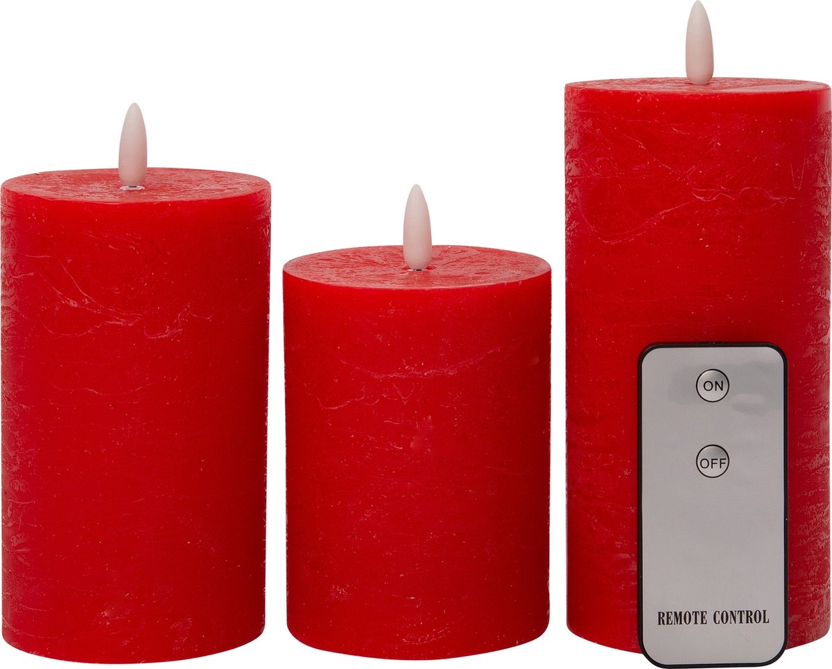 3St Rood Kaars Wax Rustiek 3D Lont 7,5X10/12,5/15Cm Afstandsbedieni...