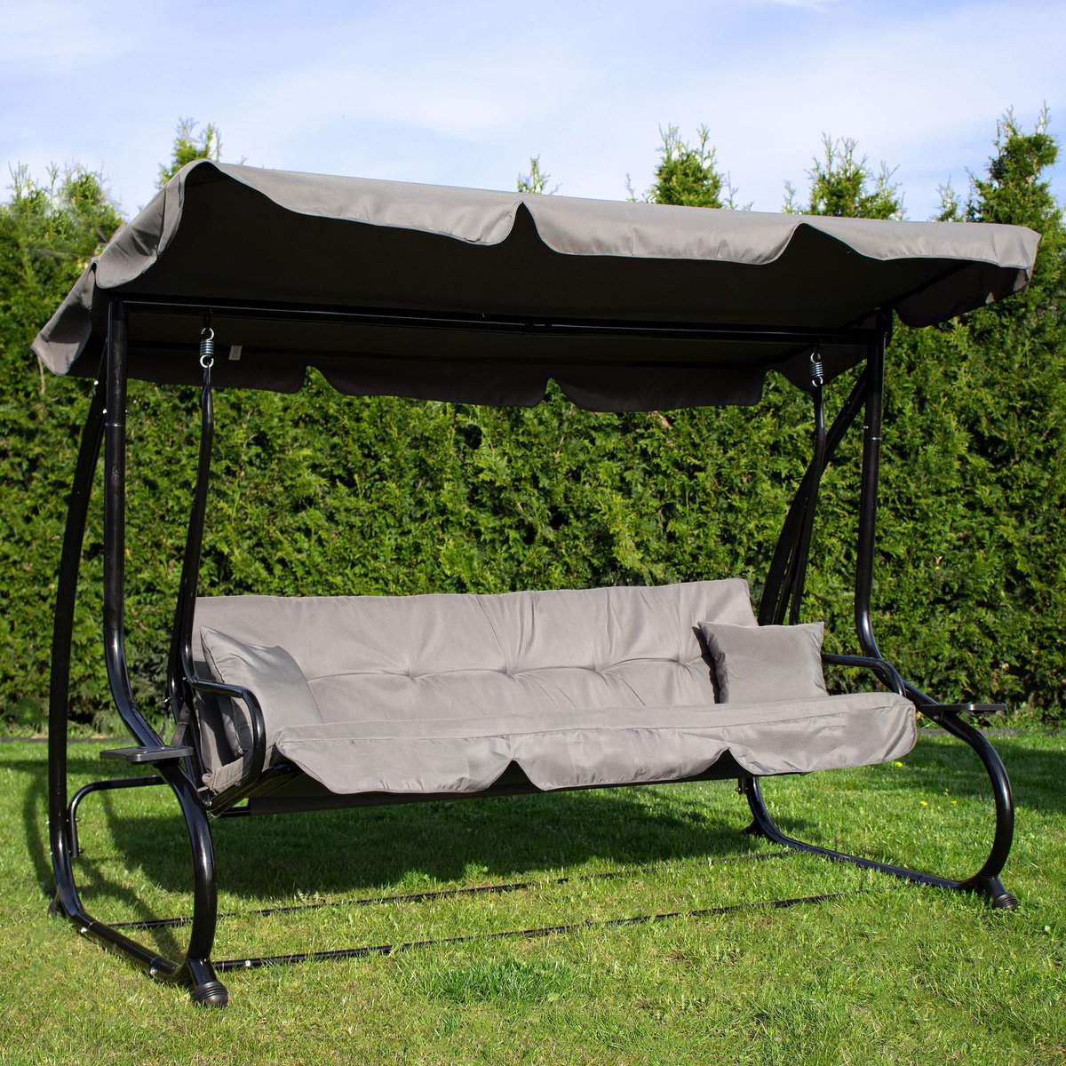 Springos Schommelbank | Linda-Schommel | 4-zits | Waterafstotend | Inclusief 2 Kussens | Verstelbare Luifel | 241 x 120 x 162 cm | Grijs — afbeelding 2