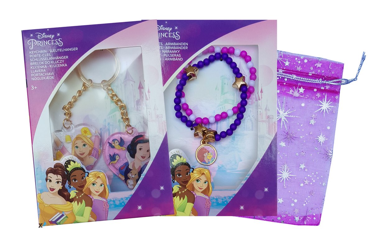 Disney Princess - Kadoset - Cadeauset - Armbandje - Sleutelhanger - Sieraden - prinsessen - ster - hart - kralen - bedels - roze - paars - Kleine zeemeermin - Rapunzel - Sneeuwwitje - roze geschenk/opberg zakje - verjaardag - sinterklaas - kerst