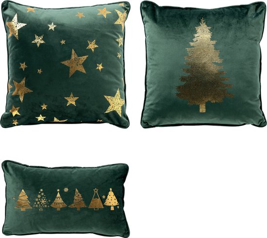 Set van 3 kerst sierkussens - groen en goud - 1x TREES - 1x STARS - 1x TREE - inclusief polyester vulling - zachte stoffen - sfeerkussens - Dutch Decor