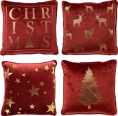 Set van 4 kerst sierkussens - rood - goud - 1x CHRISTMAS - 1x DEER - 1x TREE - 1x STARS - inclusief polyester - zachte stoffen - sfeerkussensvulling