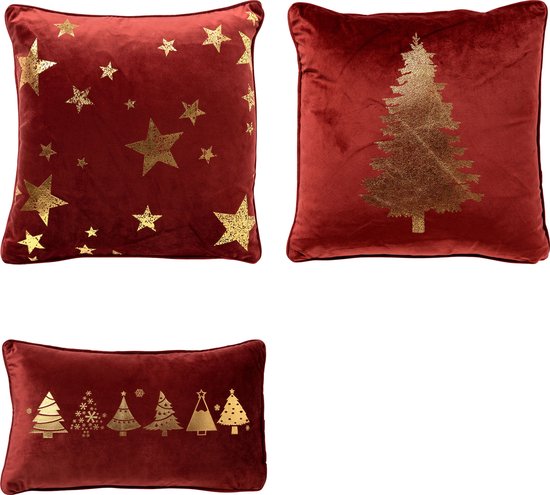 Set van 3 kerst sierkussens - rood en goud - 1x TREE - 1x STARS - 1x TREES - inclusief polyester vulling - zachte stoffen - sfeerkussens - Dutch Decor