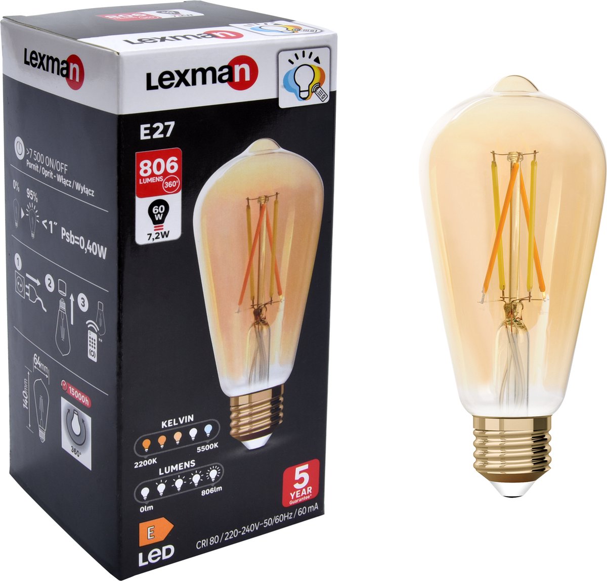 Ampoule led E27, 806lm = 60W, blanc chaud, LEXMAN