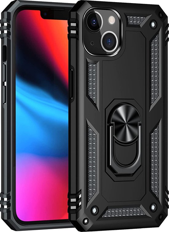 Apple iPhone 14 Case Zwart & 2X Verres Screen Protector - Anti-Shock Hybrid Armor avec Kickstand Ring