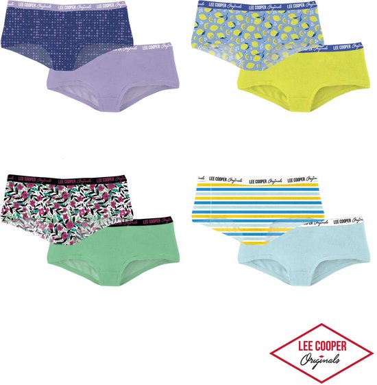 Six culottes : deux à pois bleus, deux à imprimé citron, deux à imprimé floral, et deux à rayures. Disponibles en lilas, jaune, vert et bleu clair.