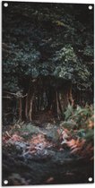 WallClassics - Tuinposter – Donker Groen Bos - 50x100 cm Foto op Tuinposter  (wanddecoratie voor buiten en binnen)