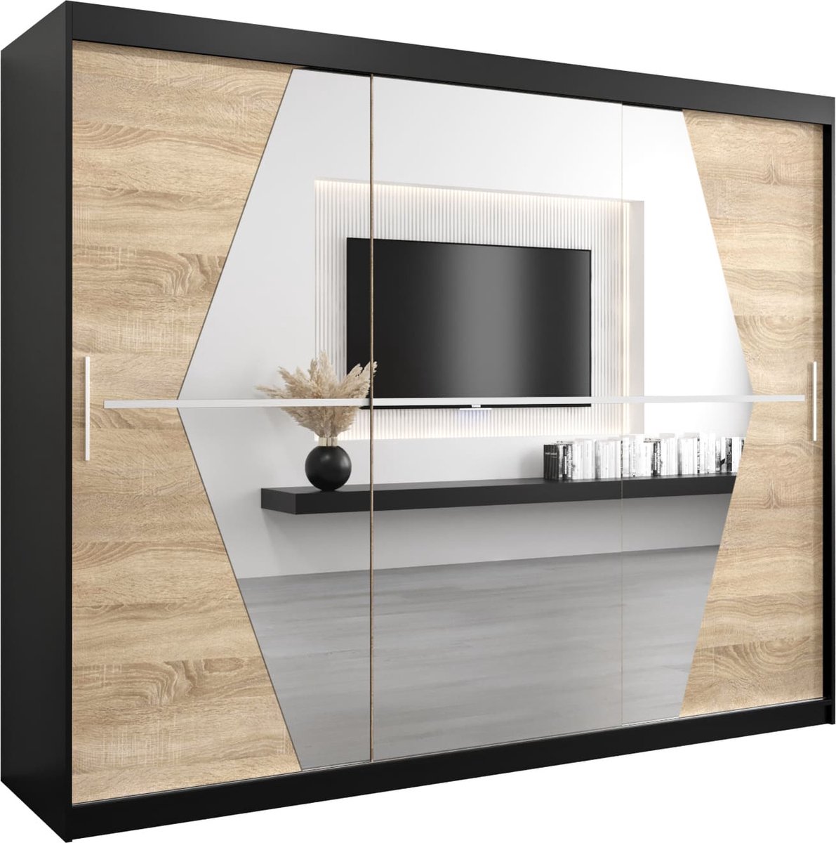 InspireME Kledingkast met 3 schuifdeuren, Modern-stijl, Een kledingkast met planken en een spiegel (BxHxD): 250x200x62 - BOLA 250 Zwart Mat + Sonoma Eik