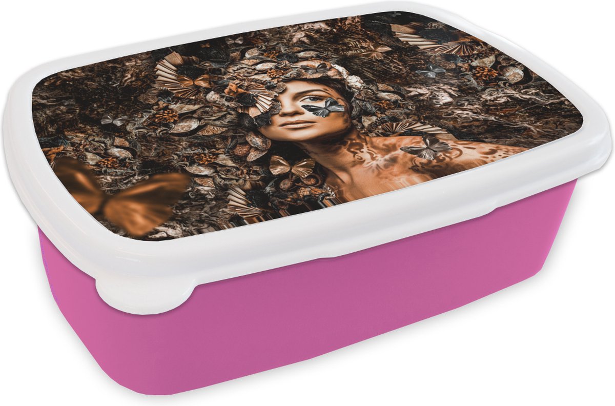 Broodtrommel Roze - Lunchbox - Brooddoos - Vrouw - Luxe - Planten - 18x12x6 cm - Kinderen - Meisje
