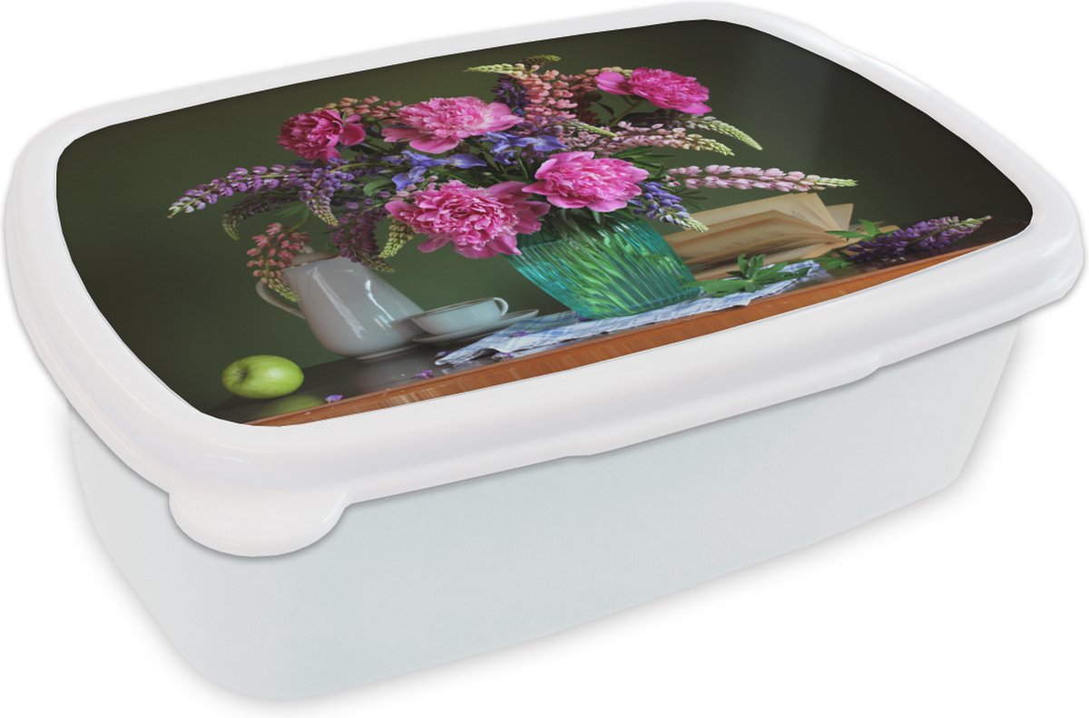 Broodtrommel Wit - Lunchbox - Brooddoos - Tafel - Bloemen - Stilleven - 18x12x6 cm - Volwassenen