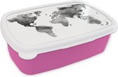 Broodtrommel Roze - Lunchbox - Brooddoos - Wereldkaart - Waterverf - Zwart - Wit - Kinderen - Jongens - Meisjes - 18x12x6 cm - Kinderen - Meisje