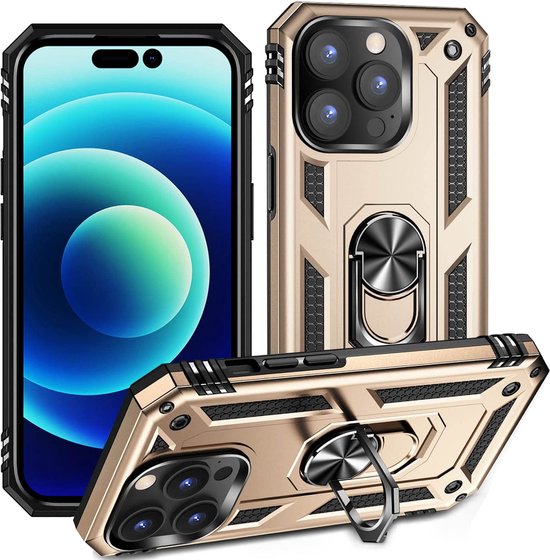 Coque dorée pour iPhone 14 Pro avec anneau, antichoc, vue en diagonale.